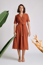 Lapel Collared Midi Dress Orange